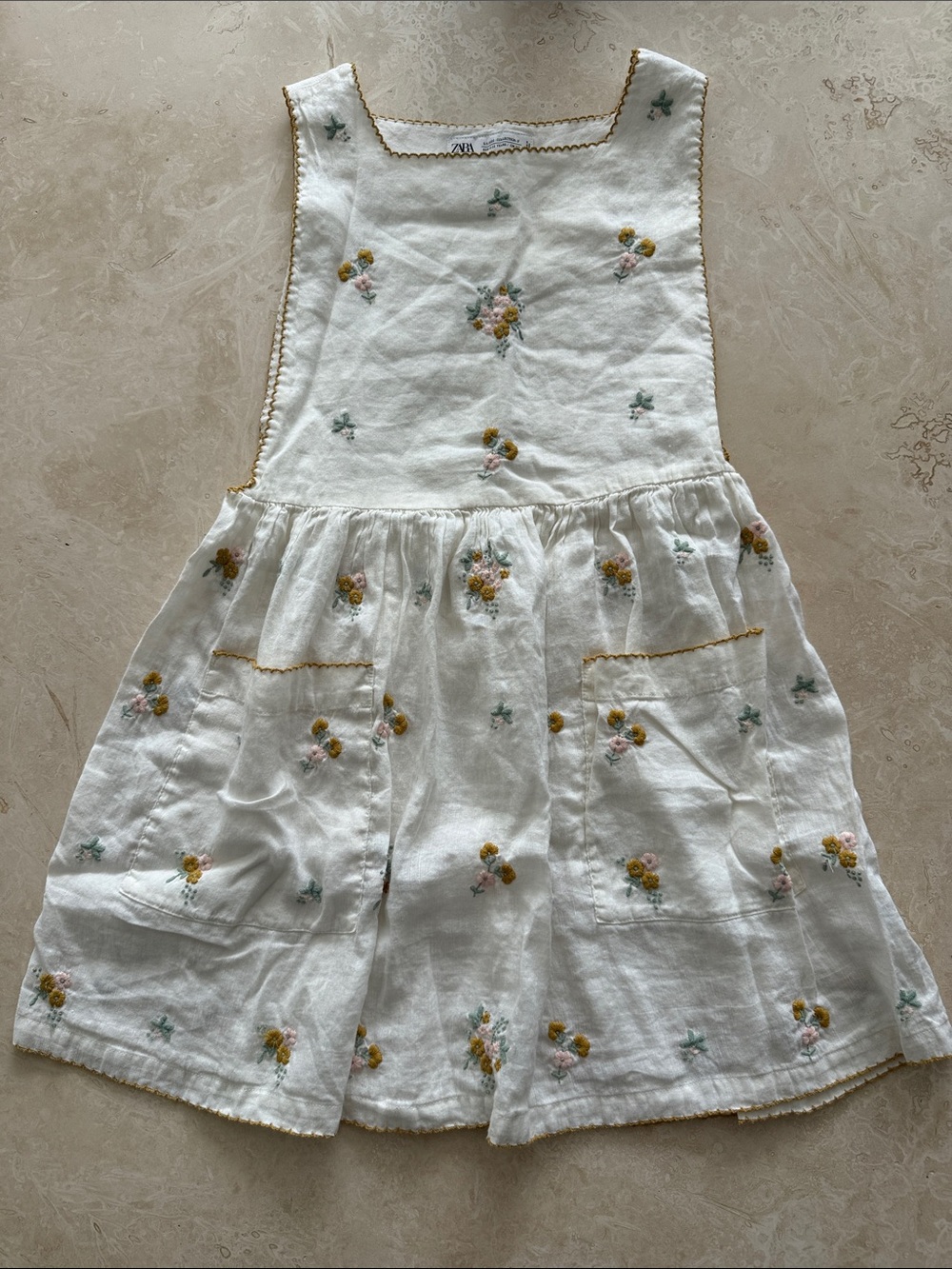 Zara White Embroidered Floral Pinafore Dress